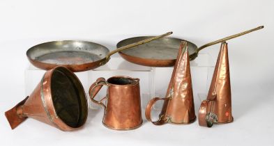 COPPER KITCHEN WARE: A pair of late 19th century copper and brass skilllets, plus two copper grain