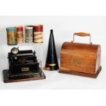 THOMAS EDISON ‘GEM’ PHONOGRAPH, WITH HORN, OAK CASE, CYLINDER AND THREE EMPTY TUBES, serial no: