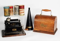 THOMAS EDISON ‘GEM’ PHONOGRAPH, WITH HORN, OAK CASE, CYLINDER AND THREE EMPTY TUBES, serial no: