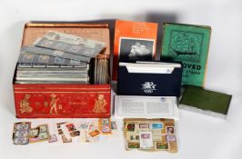 STAMPS, THE OLYMPIC FILE PLUS LOOSE IN BAG, also included a tin box having GB PRESENTATION PACKS,