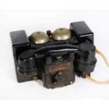 VINTAGE TELEPHONE SET F MARK II, the heavy box-type rest with winding handle and two metal dome