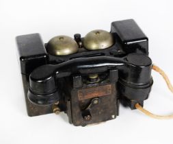 VINTAGE TELEPHONE SET F MARK II, the heavy box-type rest with winding handle and two metal dome