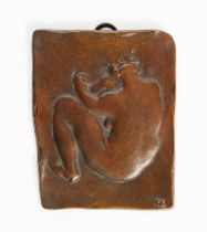 PRE-WAR DARK BROWN PATINATED CAST BRONZE OBLONG PLAQUE, DEPICTING REAR VIEW OF A WOMAN SQUATTING