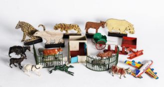 SELECTION OF BRITAINS AND OTHER LEAD FARM AND ZOO ANIMALS; a few fret-cut WOODEN ZOO ANIMALS;