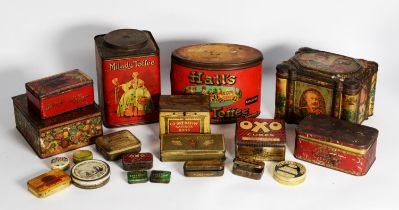 TWENTY FOUR VINTAGE TINS, VARIOUS, to include: MILADY GOLDEN CREAM TOFFEE, HALL’S STATE TOFFEE,