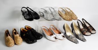 6 PAIRS OF LADY'S WEDGE SANDALS, by Italian and other makers; A PAIR OF 'ORLANDO' SILVERED LEATHER