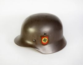 GERMAN STEEL HELMET, with SS decal and swastika applied, numbered E164 and 6211, with yellow leather