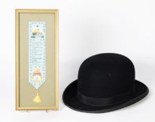 GENTLEMAN'S BLACK FELT BOWLER HAT with gilt label, 'Right Cool and Durable' and a FRAMED 'CASH'S