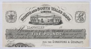 BANKNOTES: North & South Wales Bank (1836-1908) LLangollen Proof £5 note, 18-, no serial number,