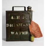 WWII A R P GREEN PAINTED METAL DRINKING WATER CONTAINER, also a FIRST AID POUCH (2)