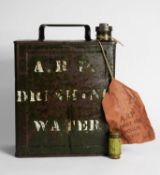 WWII A R P GREEN PAINTED METAL DRINKING WATER CONTAINER, also a FIRST AID POUCH (2)