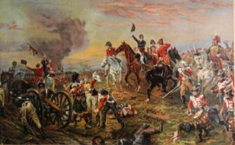 AN EARLY 1900's CHROMOLITHOGRAPH 'WELLINGTON AT WATERLOO' and another MODERN REPRODUCTION MILITARY