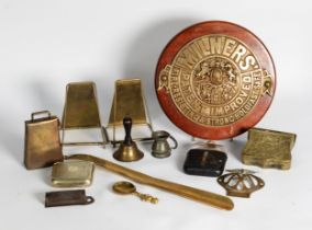 MIXED LOT OF METAL WARES, to include: BRASS AA BADGE, NUTMEG GRATER, ‘MILNERS’ PATENT IMPROVED