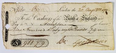 BANKNOTES: Bank of England Cashiers Pay-to-order, 20th of August 1800 for £968 7- 9d (nine hundred