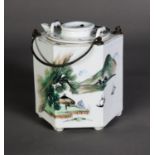 20th CENTURY CHINESE PORCELAIN SMALL CYLINDRICAL TEAPOT standing in a hexagonal hot water reservoir,