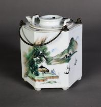 20th CENTURY CHINESE PORCELAIN SMALL CYLINDRICAL TEAPOT standing in a hexagonal hot water reservoir,
