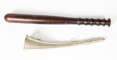 PROBABLY 'ACME' NICKLE PLATED 'REED BEATERS WARNING HORN', 11" (28cm) long and a VINTAGE TURNED