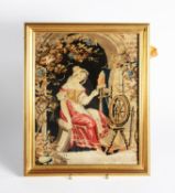 VICTORIAN BERLIN WOOLWORK TAPESTRY PICTURE of a lady at a SPINNING WHEEL