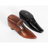 TWO SHOE PATTERN SNUFF BOXES, ONE IN WOOD, THE OTHER BLACK LACQUERED, (2)