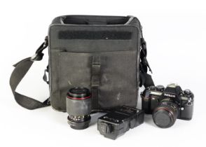 NIKON F-301 SLR CAMERA, with Tokina, Japanese 28-70mm f3.5-4.5 lens, in camera case; TOKINA SD