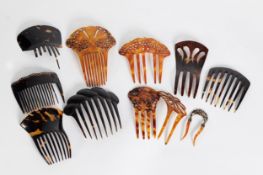 ELEVEN VICTORIAN PRESSED TORTOISESHELL LIKE HAIR COMBS, one two pronged and having paste set metal