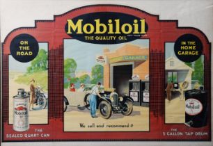 AUTOMOBILIA: 1920s triptych Mobiloil poster with slogan ‘On the Road – In the Home Garage’ and