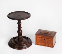 19th CENTURY TURRNED WOOD CANDLE OR WIG STAND, the base inscribed MGL from MEL, 9 1/4in (23.5cm)