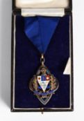CASED SILVER MAYORAL BADGE to Councillor B. Downs 1939 - 40, on blue neck ribbon