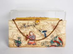 LADY'S CHINOISERIE EVENING BAG, CREAM SILK WITH EMBROIDERED IN MULTI-COLOURS with a boy, flowering