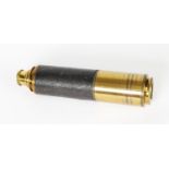 UNBRANDED VINTAGE LACQUERED BRASS THREE DRAW TELESCOPE, the body with black textured leather hand