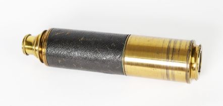 UNBRANDED VINTAGE LACQUERED BRASS THREE DRAW TELESCOPE, the body with black textured leather hand