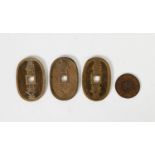 JAPANESE COINAGE: Three 100 mon (1835-1870) Tempo Tsuho bronze oval coins, plus an 1877 1 yen