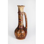 PAINTED TERRA COTTA JUG with long neck issuing a loop handle joining the globular bowl, painted in