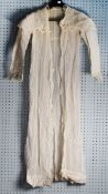 EARLY VICTORIAN LACE FULL-LENGTH DRESSING GOWN with broad white and dot pattern stripes and narrow