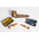 EDWARDIAN TOBACCO SMOKER'S BRIAR PIPE with engraved silver ferrule and amber stem, Chester