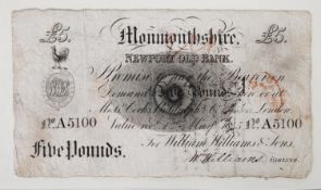 BANKNOTES: Newport Old Bank, Monmouthshire white £5 for William Williams & Sons , 1st of May 1845 no
