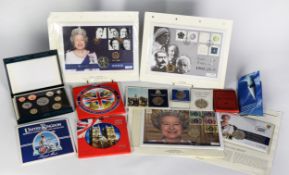 STAMPS, VARIED SELECTION OF COINS NUMISMATIC COVERS AND CIGARETTE CARDS, contents of 1 box