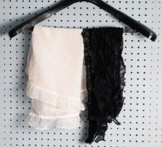 VICTORIAN BLACK LACE NARROW SHAWL, 7in (17.7cm) wide, 80in (200cm) long; a white LACE SHAWL with a