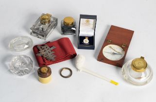 THREE VARIOUS INKWELLS, two with metal hinged lids and one with screw-off lid; COMPASS in mahogany