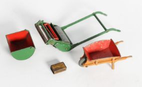 DINKY TOYS- TWO UNBOXED MODELS: 751 LAWN MOWER WITH COLLECTION BOX, and a WHEEL BARROW, (2)