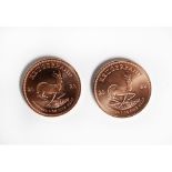TWO SOUTH AFRICAN 1oz GOLD KRUGERRANDS, 2022 & 2023, .917 gold, 66.6gms (2), encapsulated and with
