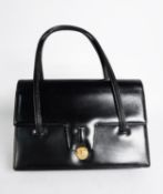 LADY'S LAUNER, LONDON, BLACK LEATHER RECTANGULAR HANDBAG, with deep flap-over fastening, two section