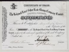 BANKNOTES: Holywell Level Silver Lead Mining Company Ltd. £20 share certificate 1866 15th of