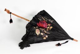 19th CENTURY PARASOL, black fabric hand embroidered with naturalistic flowering bough, deep, black
