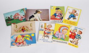 WWI FRENCH SILK EMBROIDERED POSTCARD; 12 'Xerxes' comic glamour POSTCARDS; 12 'Bamforth' and other