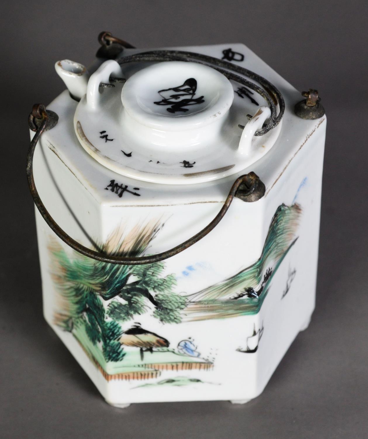 20th CENTURY CHINESE PORCELAIN SMALL CYLINDRICAL TEAPOT standing in a hexagonal hot water reservoir, - Image 2 of 4