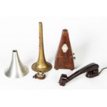 SPUN ALUMINIUM HORN FOR PROBABLY A PHONOGRAPH , A BROWN BAKELITE 'COSMOCORD' PICK-UP ARM for