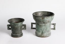 TWO HEAVY BRASS MORTARS with openwork lug handles, the smaller numbered 10 (2)
