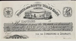 BANKNOTES: North & South Wales Bank (1836-1908) Llandiloes proof £5 note, no serial number, vignette