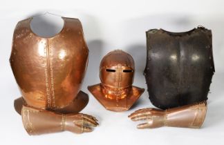 REPRODUCTION: Part suit of copper armor including helmet, gauntlets, breastplate and an associated